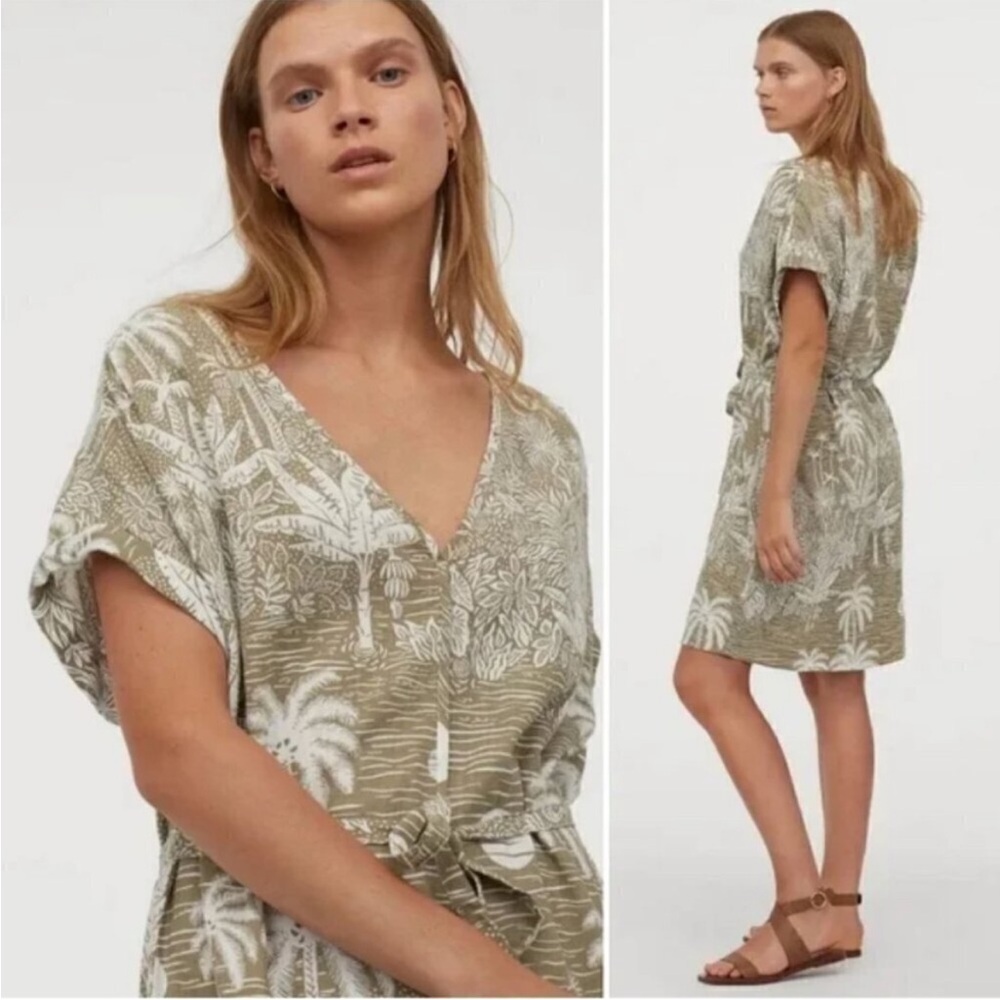 Desmond & Dempsey x H&M Mini Dress XXL Viscose Linen Tropical Palm Print Beach